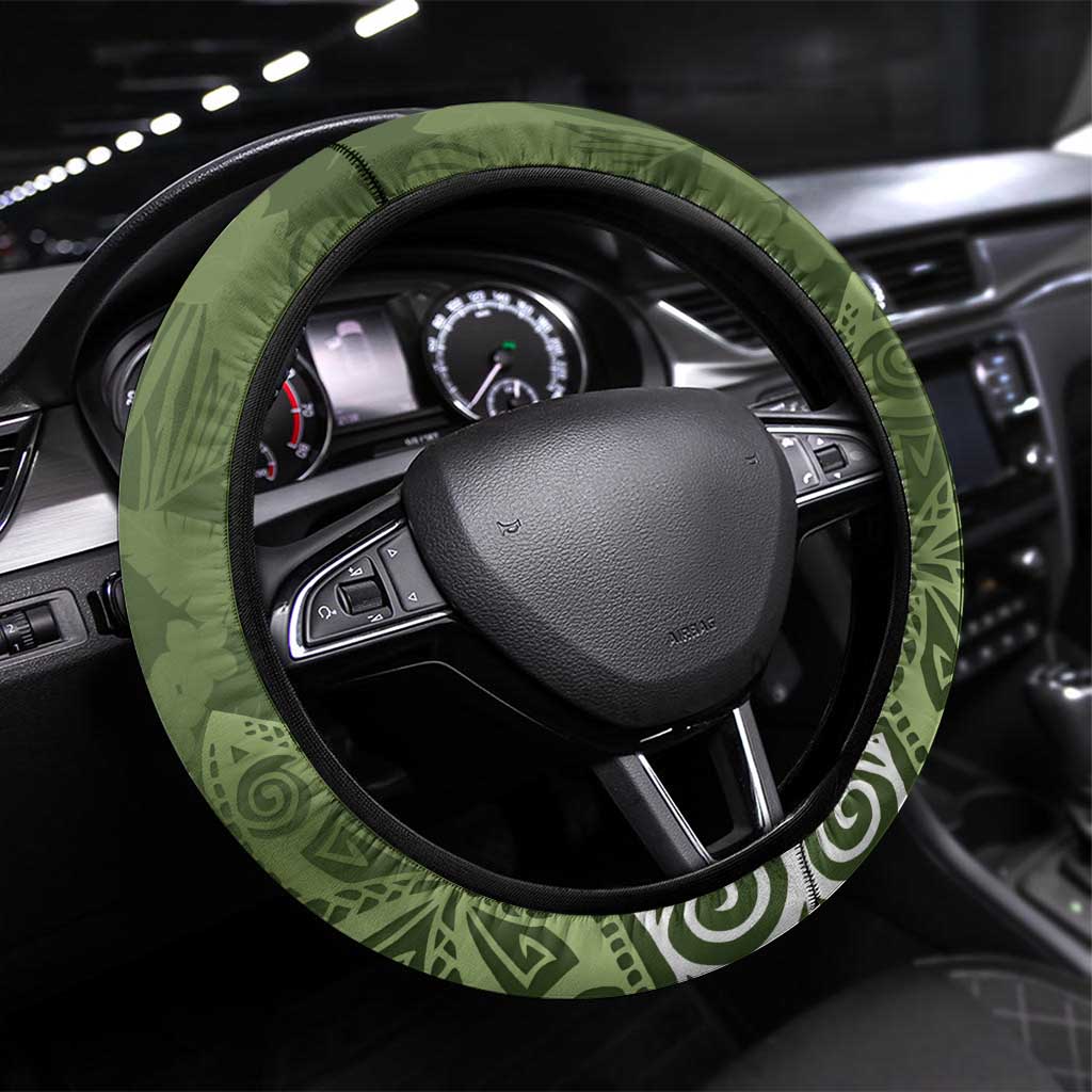 Green Polynesian Tribal Frangipani Tropical Vibe Steering Wheel Cover