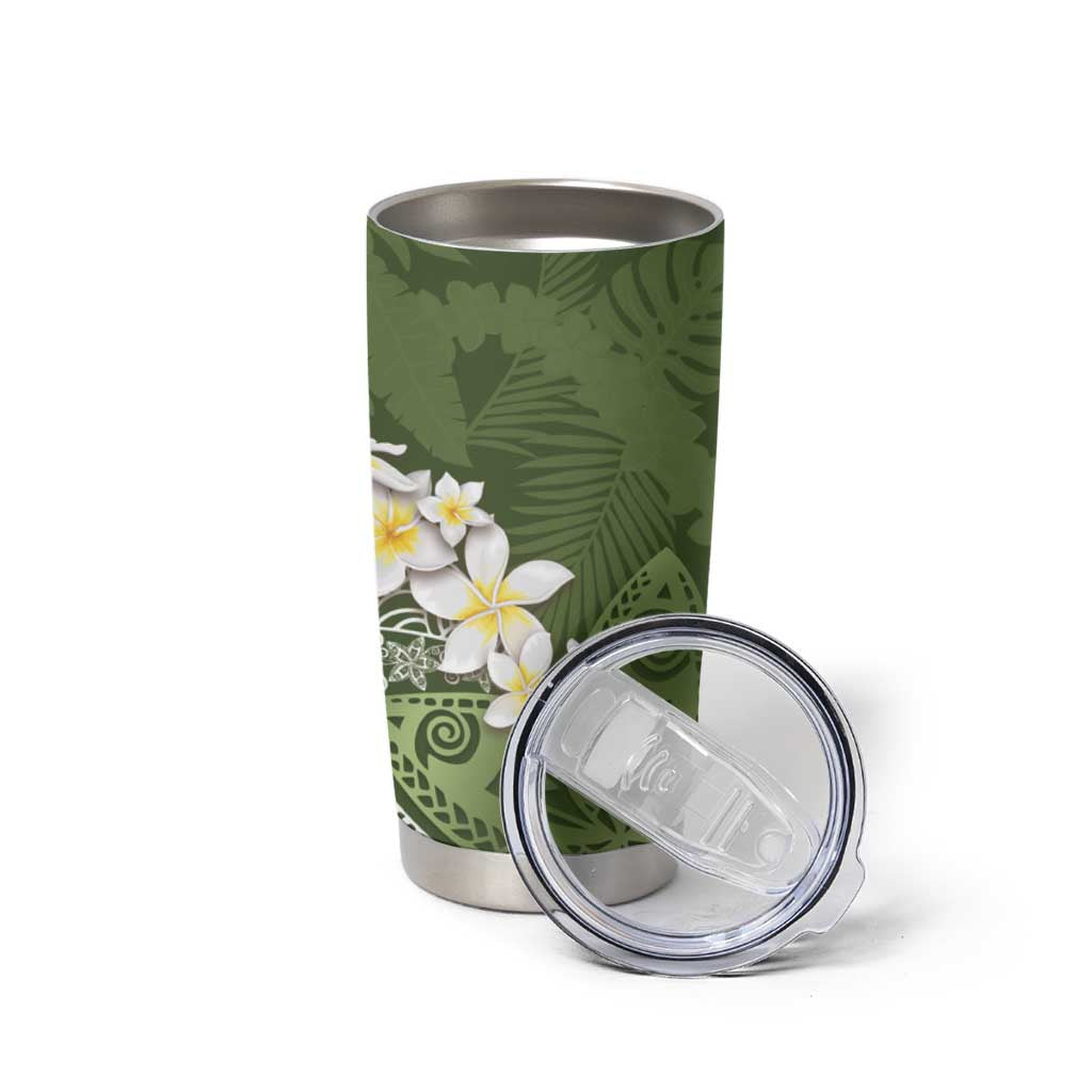 Green Polynesian Tribal Frangipani Tropical Vibe Tumbler Cup LT14 - Polynesian Pride