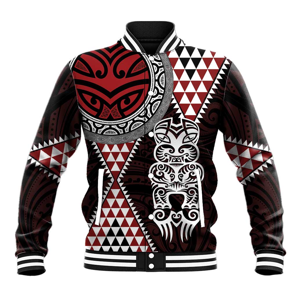 Red Aotearoa Niho Taniwha Baseball Jacket Maori Mythology Tooth - Taniko Motifs LT14 Unisex Red - Polynesian Pride