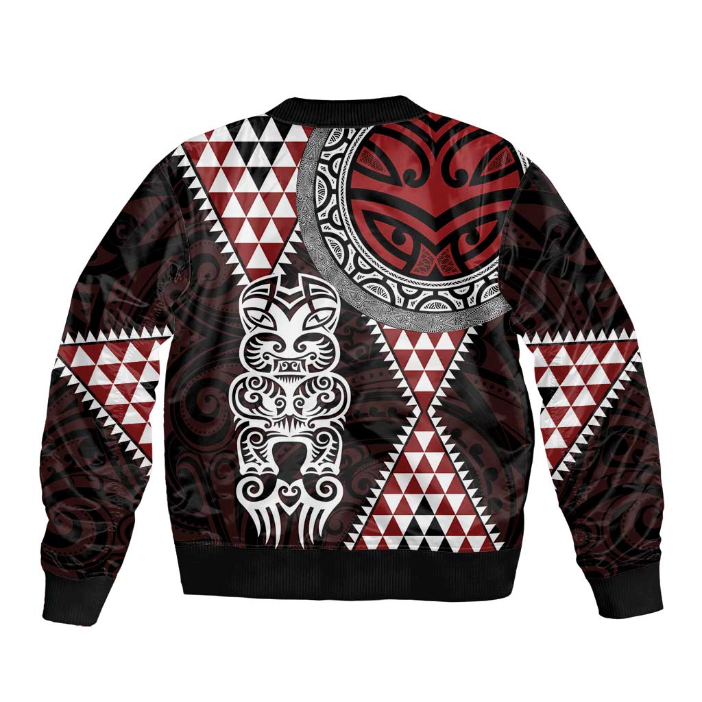 Red Aotearoa Niho Taniwha Bomber Jacket Maori Mythology Tooth - Taniko Motifs LT14 - Polynesian Pride
