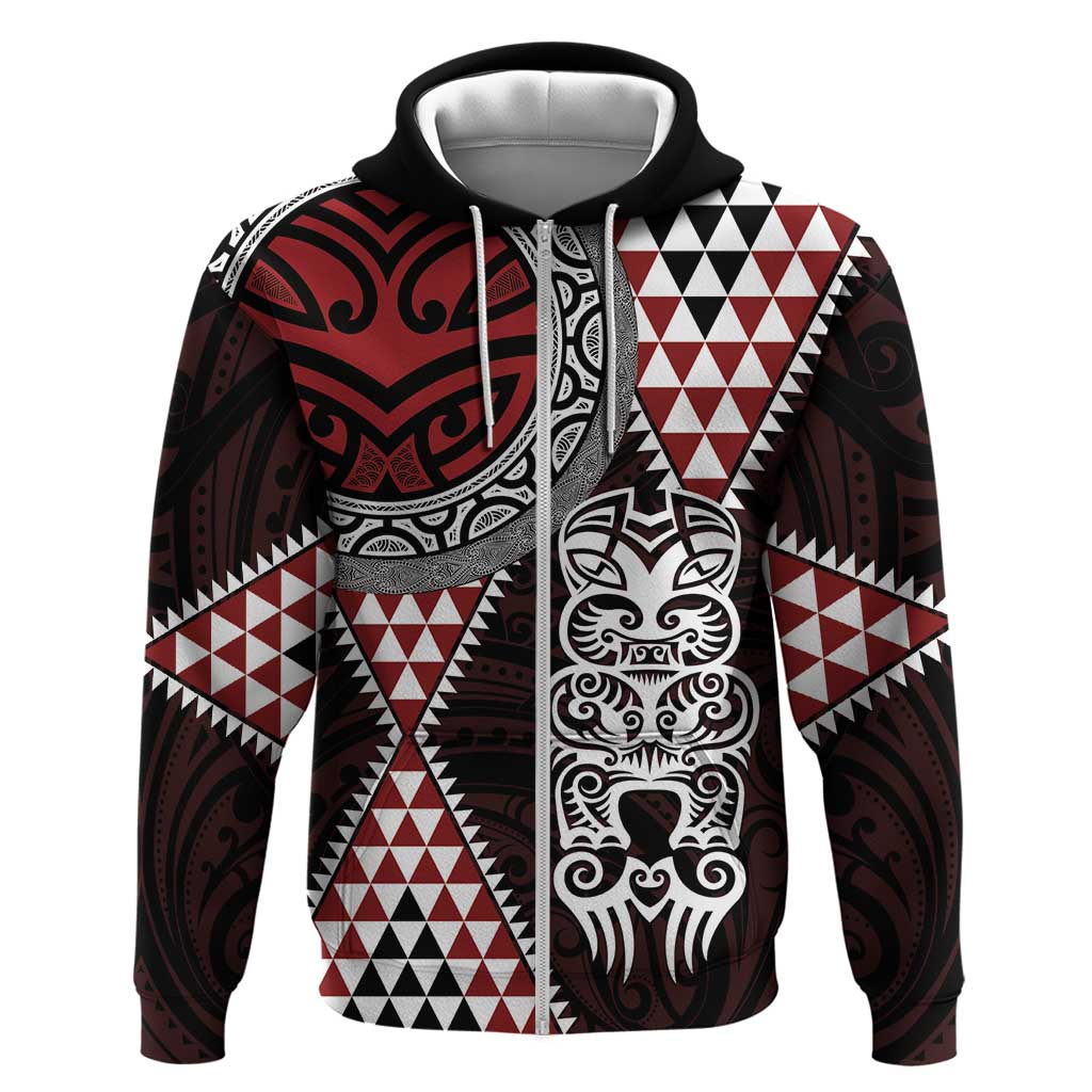 Red Aotearoa Niho Taniwha Zip Hoodie Maori Mythology Tooth - Taniko Motifs LT14 Zip Hoodie Red - Polynesian Pride