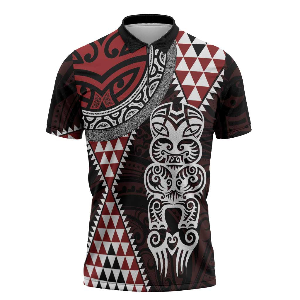 Red Aotearoa Niho Taniwha Zipper Polo Shirt Maori Mythology Tooth - Taniko Motifs LT14 Red - Polynesian Pride