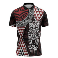 Red Aotearoa Niho Taniwha Zipper Polo Shirt Maori Mythology Tooth - Taniko Motifs LT14 Red - Polynesian Pride
