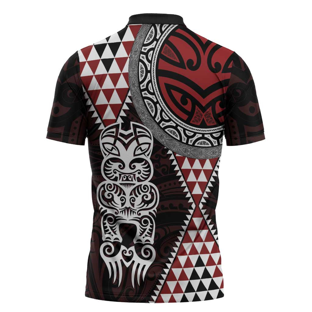 Red Aotearoa Niho Taniwha Zipper Polo Shirt Maori Mythology Tooth - Taniko Motifs LT14 - Polynesian Pride