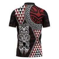 Red Aotearoa Niho Taniwha Zipper Polo Shirt Maori Mythology Tooth - Taniko Motifs LT14 - Polynesian Pride