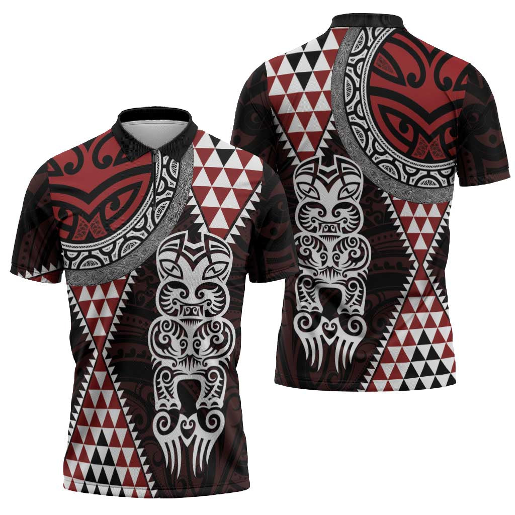 Red Aotearoa Niho Taniwha Zipper Polo Shirt Maori Mythology Tooth - Taniko Motifs LT14 - Polynesian Pride