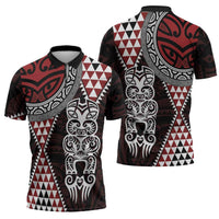 Red Aotearoa Niho Taniwha Zipper Polo Shirt Maori Mythology Tooth - Taniko Motifs LT14 - Polynesian Pride