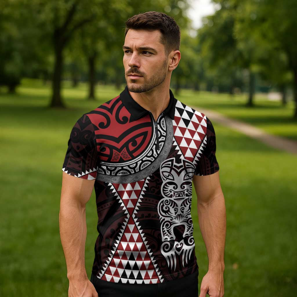 Red Aotearoa Niho Taniwha Zipper Polo Shirt Maori Mythology Tooth - Taniko Motifs LT14 - Polynesian Pride