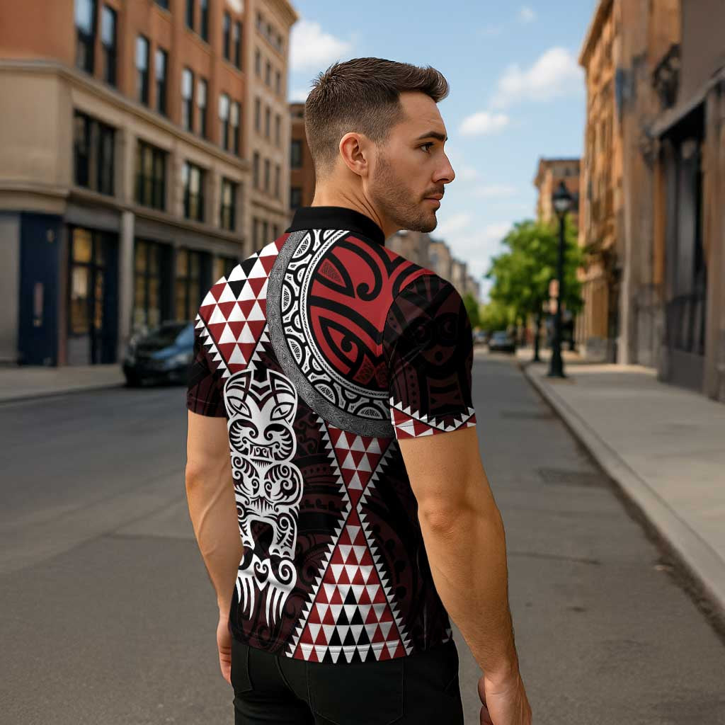 Red Aotearoa Niho Taniwha Zipper Polo Shirt Maori Mythology Tooth - Taniko Motifs LT14 - Polynesian Pride