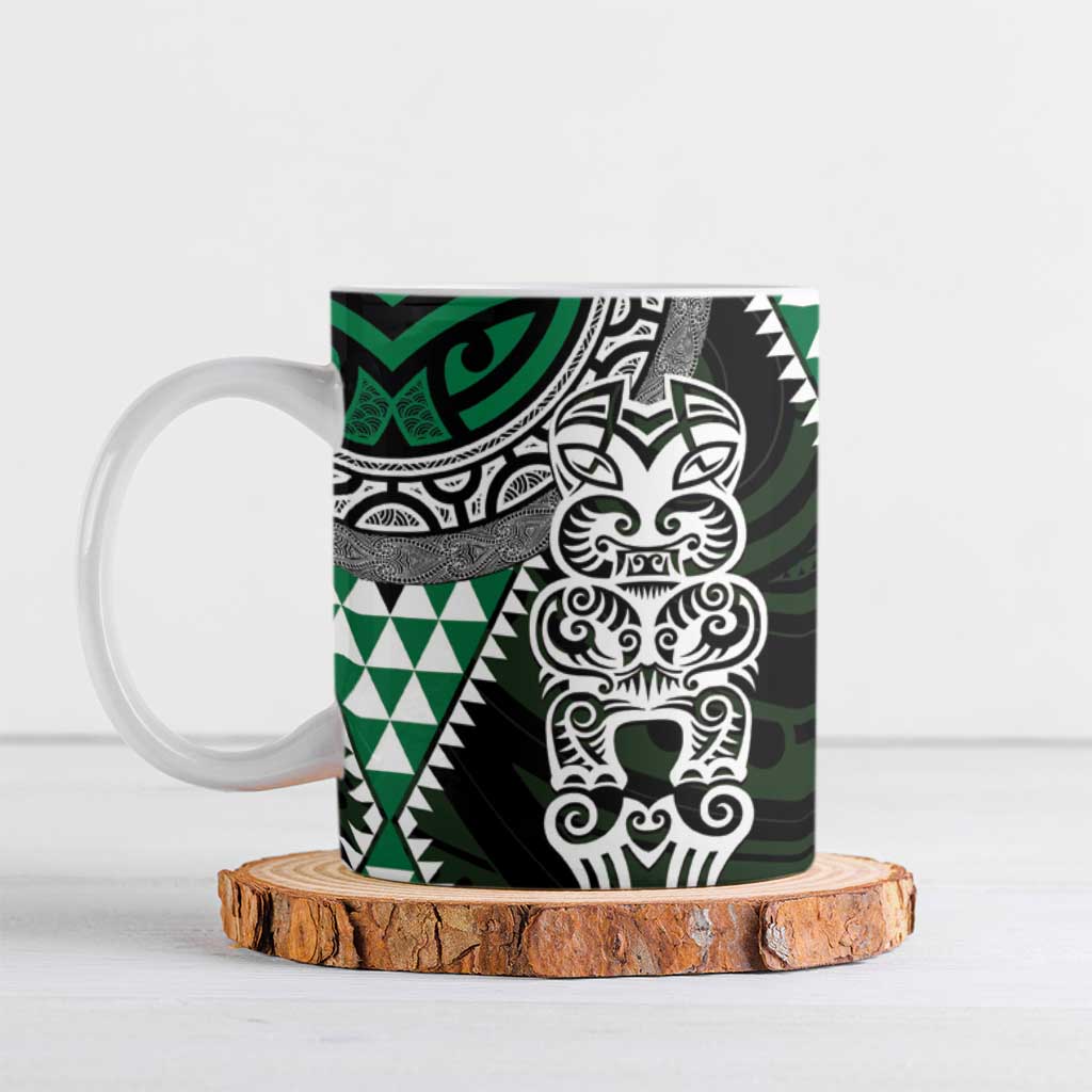 Green Aotearoa Niho Taniwha Ceramic Mug Maori Mythology Tooth - Taniko Motifs LT14 Green - Polynesian Pride