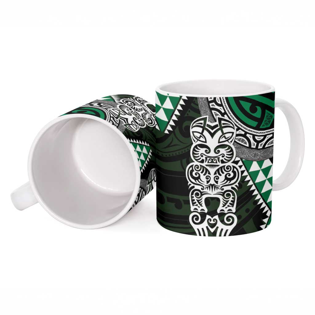 Green Aotearoa Niho Taniwha Ceramic Mug Maori Mythology Tooth - Taniko Motifs LT14 - Polynesian Pride