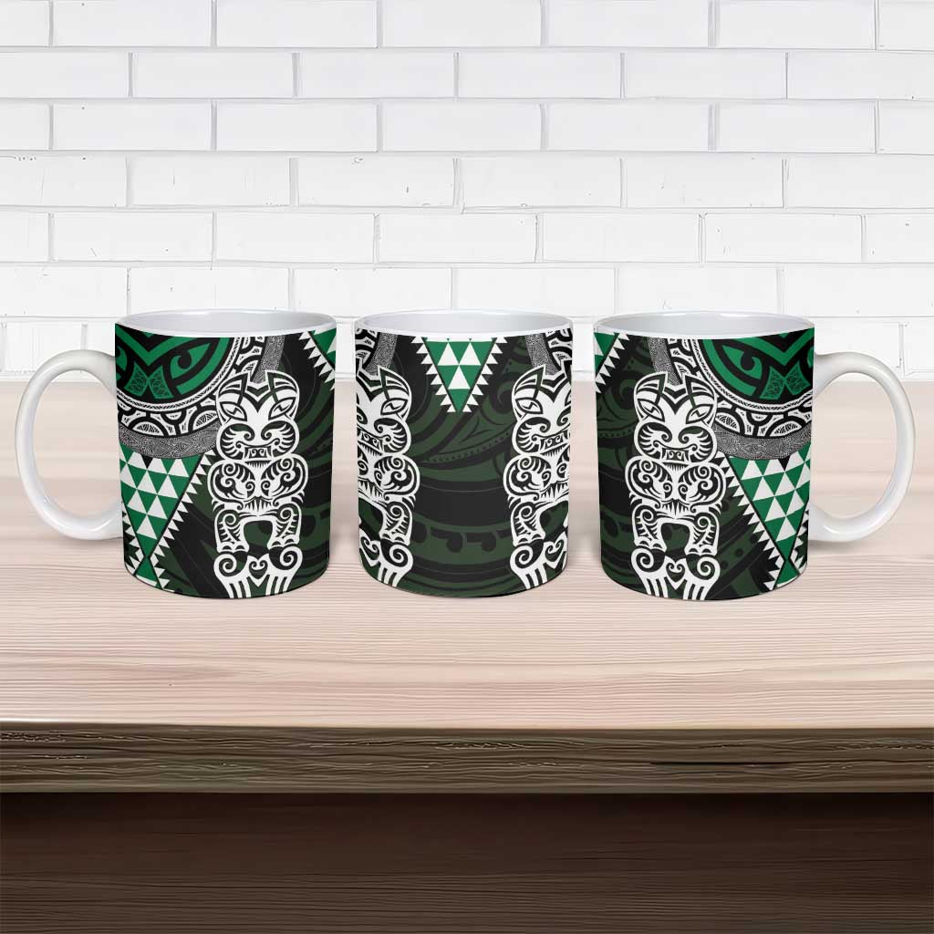 Green Aotearoa Niho Taniwha Ceramic Mug Maori Mythology Tooth - Taniko Motifs LT14 - Polynesian Pride