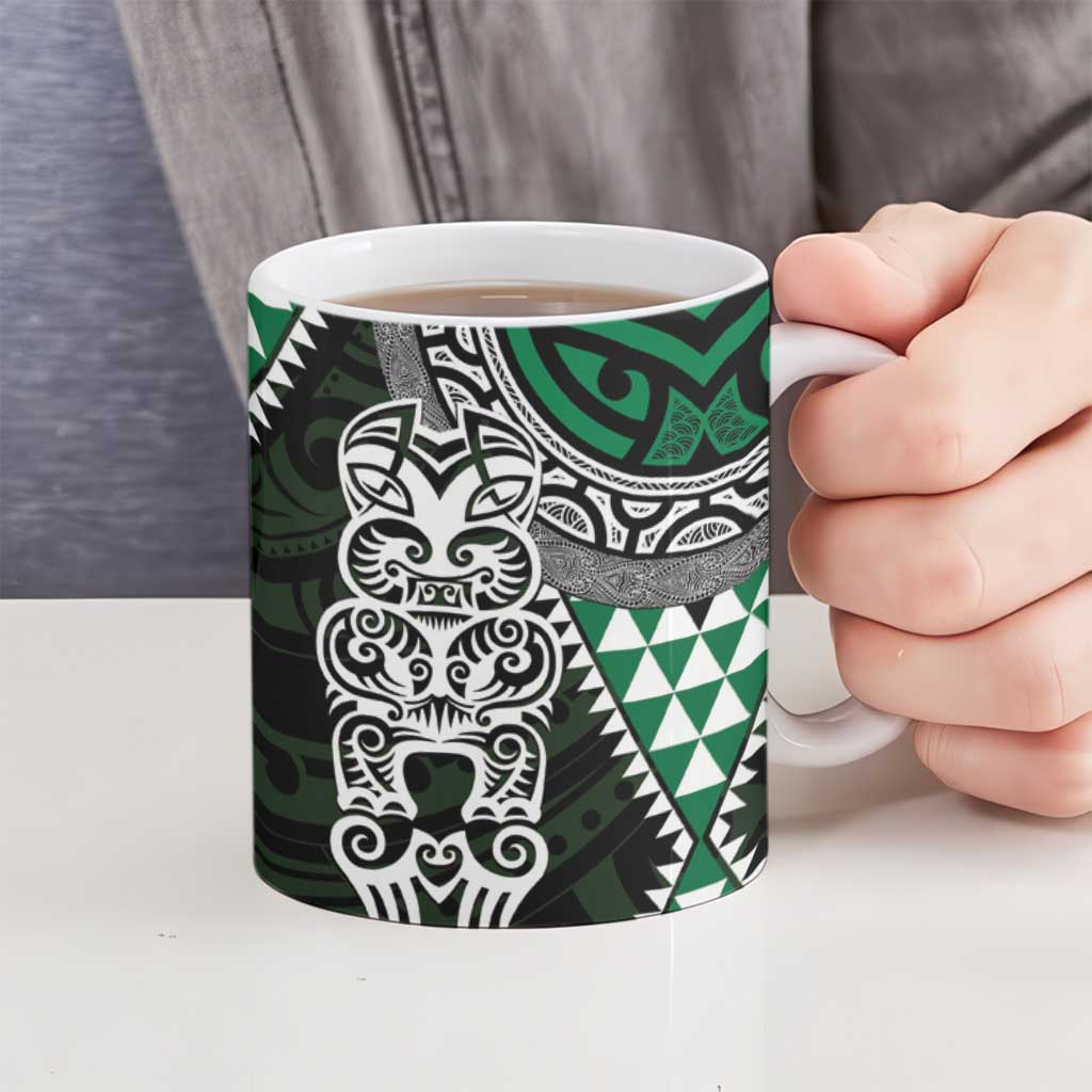 Green Aotearoa Niho Taniwha Ceramic Mug Maori Mythology Tooth - Taniko Motifs LT14 - Polynesian Pride