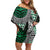 Green Aotearoa Niho Taniwha Off Shoulder Short Dress Maori Mythology Tooth - Taniko Motifs