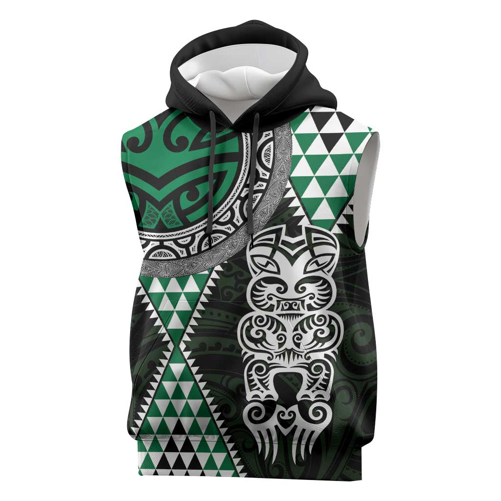 Green Aotearoa Niho Taniwha Sleeveless Hoodie Maori Mythology Tooth - Taniko Motifs LT14 Green - Polynesian Pride