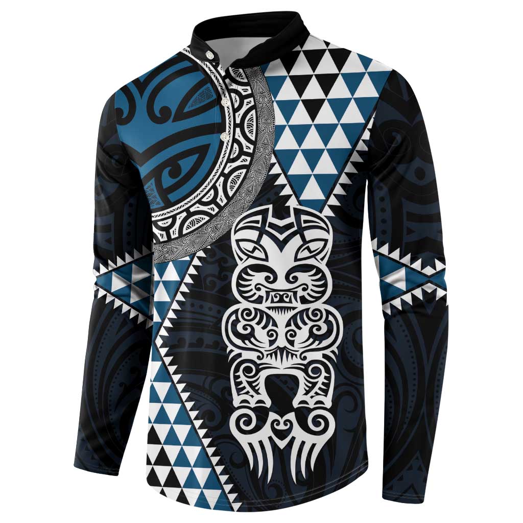 Blue Aotearoa Niho Taniwha Button Sweatshirt Maori Mythology Tooth - Taniko Motifs LT14 - Polynesian Pride
