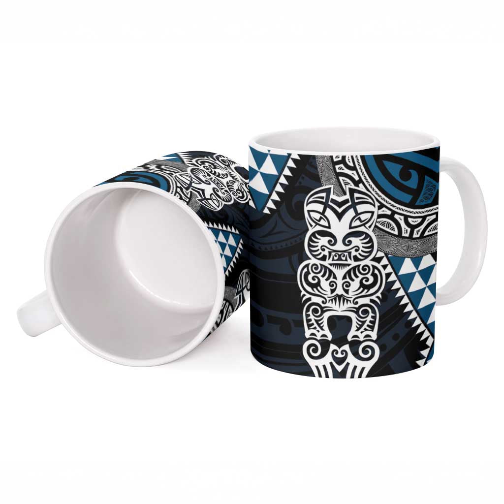 Blue Aotearoa Niho Taniwha Ceramic Mug Maori Mythology Tooth - Taniko Motifs LT14 - Polynesian Pride