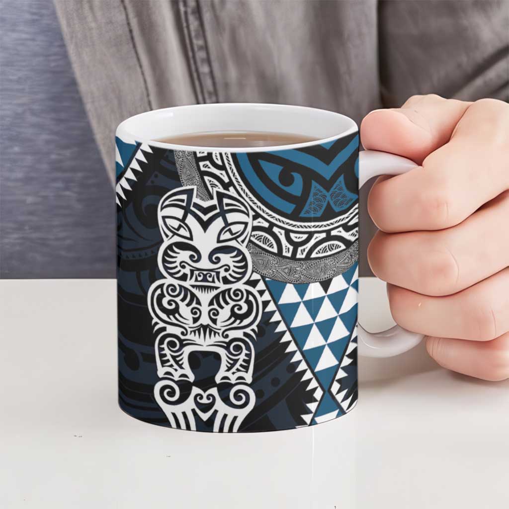 Blue Aotearoa Niho Taniwha Ceramic Mug Maori Mythology Tooth - Taniko Motifs LT14 - Polynesian Pride