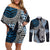 Blue Aotearoa Niho Taniwha Couples Matching Off Shoulder Short Dress and Long Sleeve Button Shirt Maori Mythology Tooth - Taniko Motifs