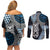 Blue Aotearoa Niho Taniwha Couples Matching Off Shoulder Short Dress and Long Sleeve Button Shirt Maori Mythology Tooth - Taniko Motifs