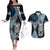 Blue Aotearoa Niho Taniwha Couples Matching Off The Shoulder Long Sleeve Dress and Hawaiian Shirt Maori Mythology Tooth - Taniko Motifs