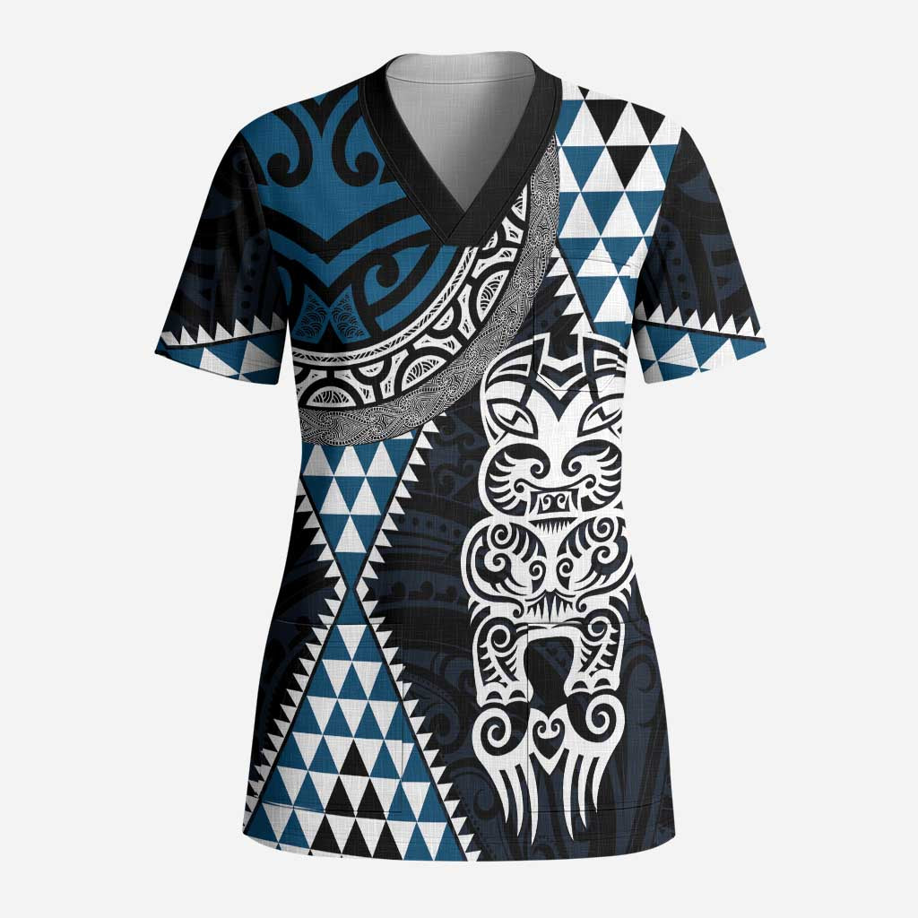 Blue Aotearoa Niho Taniwha Scrub Top Maori Mythology Tooth - Taniko Motifs LT14 Adult Blue - Polynesian Pride