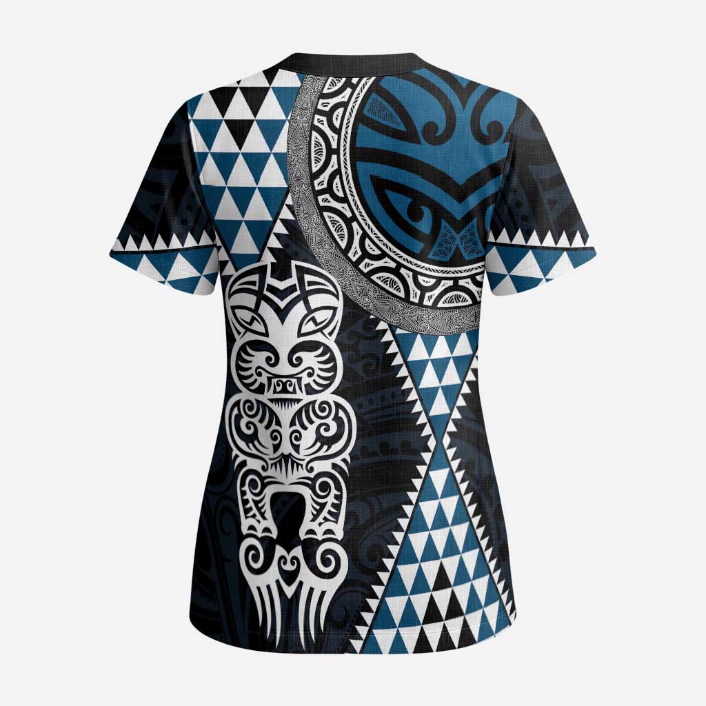 Blue Aotearoa Niho Taniwha Scrub Top Maori Mythology Tooth - Taniko Motifs LT14 - Polynesian Pride