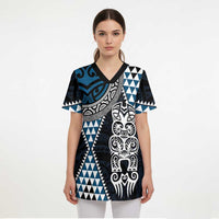 Blue Aotearoa Niho Taniwha Scrub Top Maori Mythology Tooth - Taniko Motifs LT14 - Polynesian Pride
