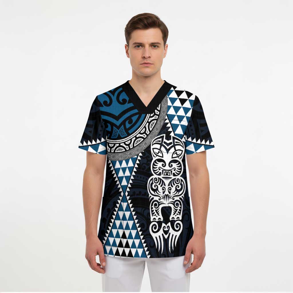 Blue Aotearoa Niho Taniwha Scrub Top Maori Mythology Tooth - Taniko Motifs LT14 - Polynesian Pride