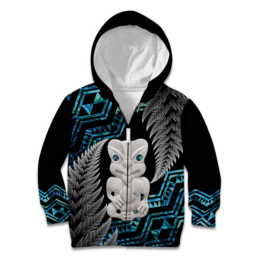 Aotearoa Taniko Paua Shell With Hei Tiki Kid Hoodie LT14 Zip Hoodie Black - Polynesian Pride
