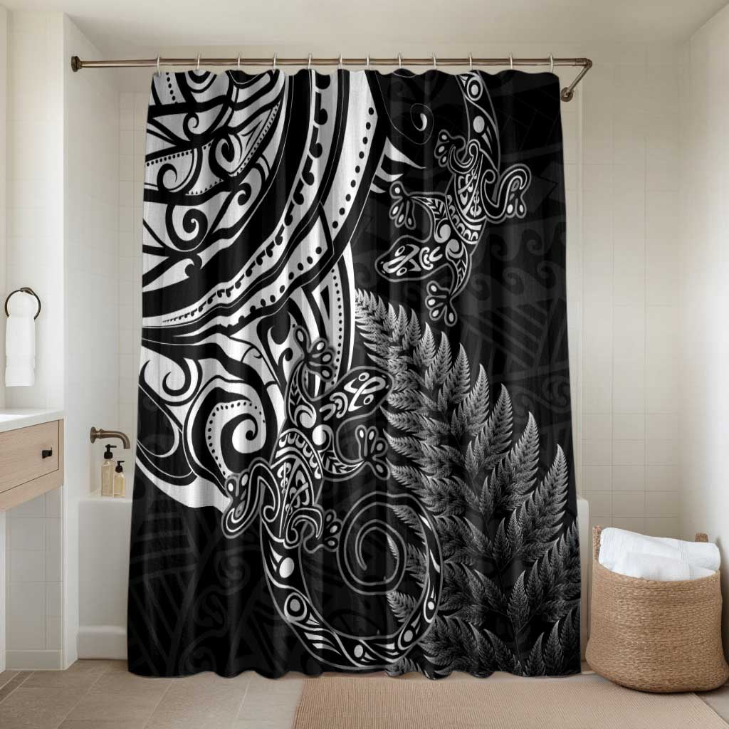 New Zealand Lizard Bathroom Set Silver Fern Aotearoa Maori LT14 Shower Curtain Only Black - Polynesian Pride