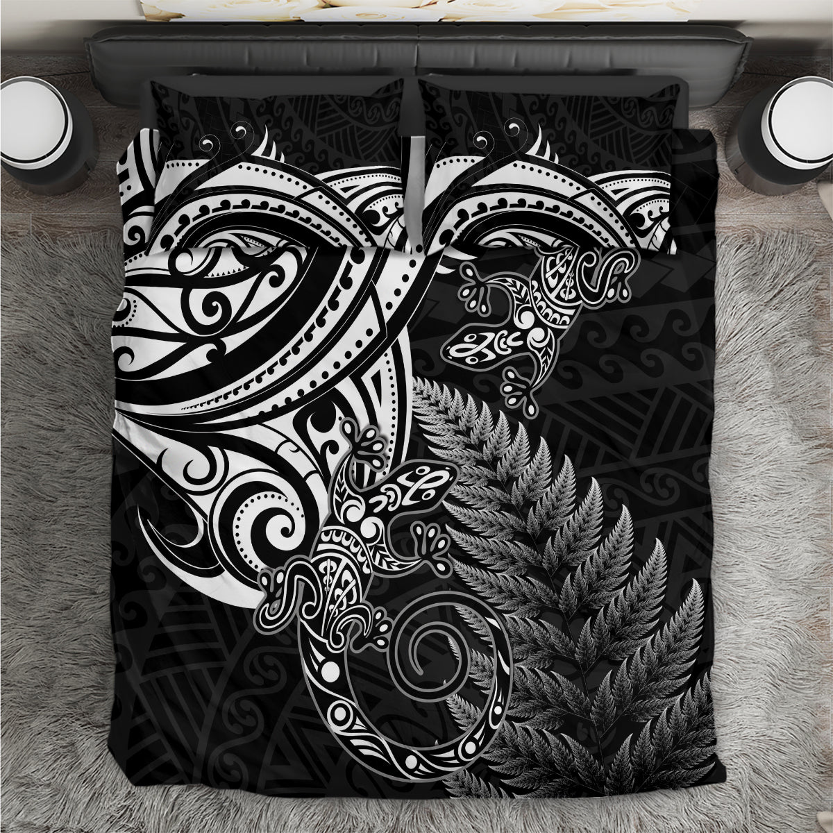 New Zealand Lizard Bedding Set Silver Fern Aotearoa Maori LT14 Black - Polynesian Pride