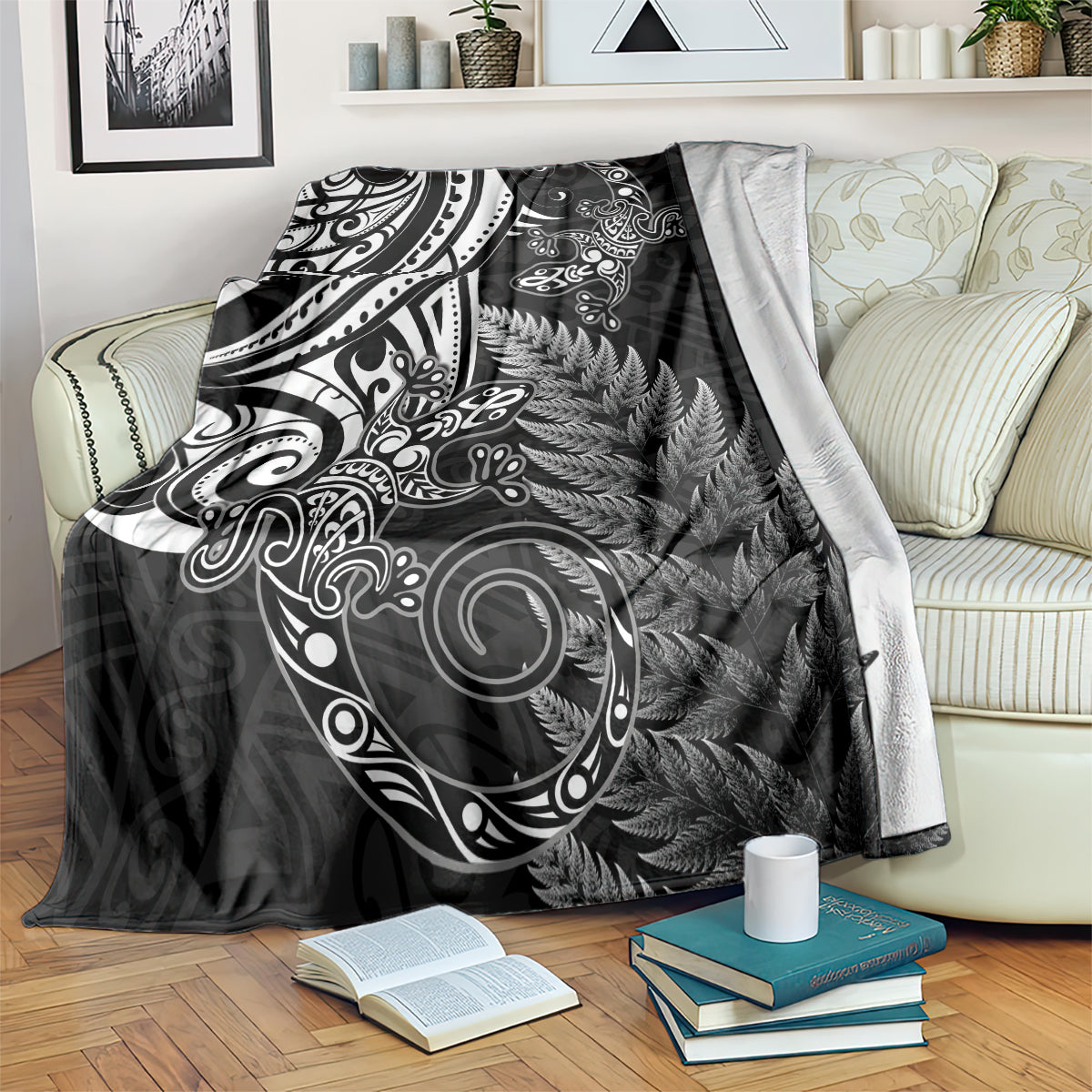 New Zealand Lizard Blanket Silver Fern Aotearoa Maori LT14 Black - Polynesian Pride