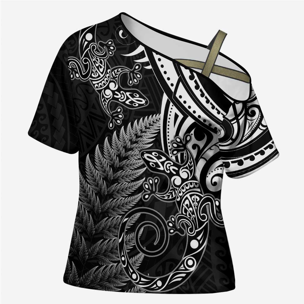 New Zealand Lizard Cross Shoulder Shirt Silver Fern Aotearoa Maori LT14 Female Black - Polynesian Pride