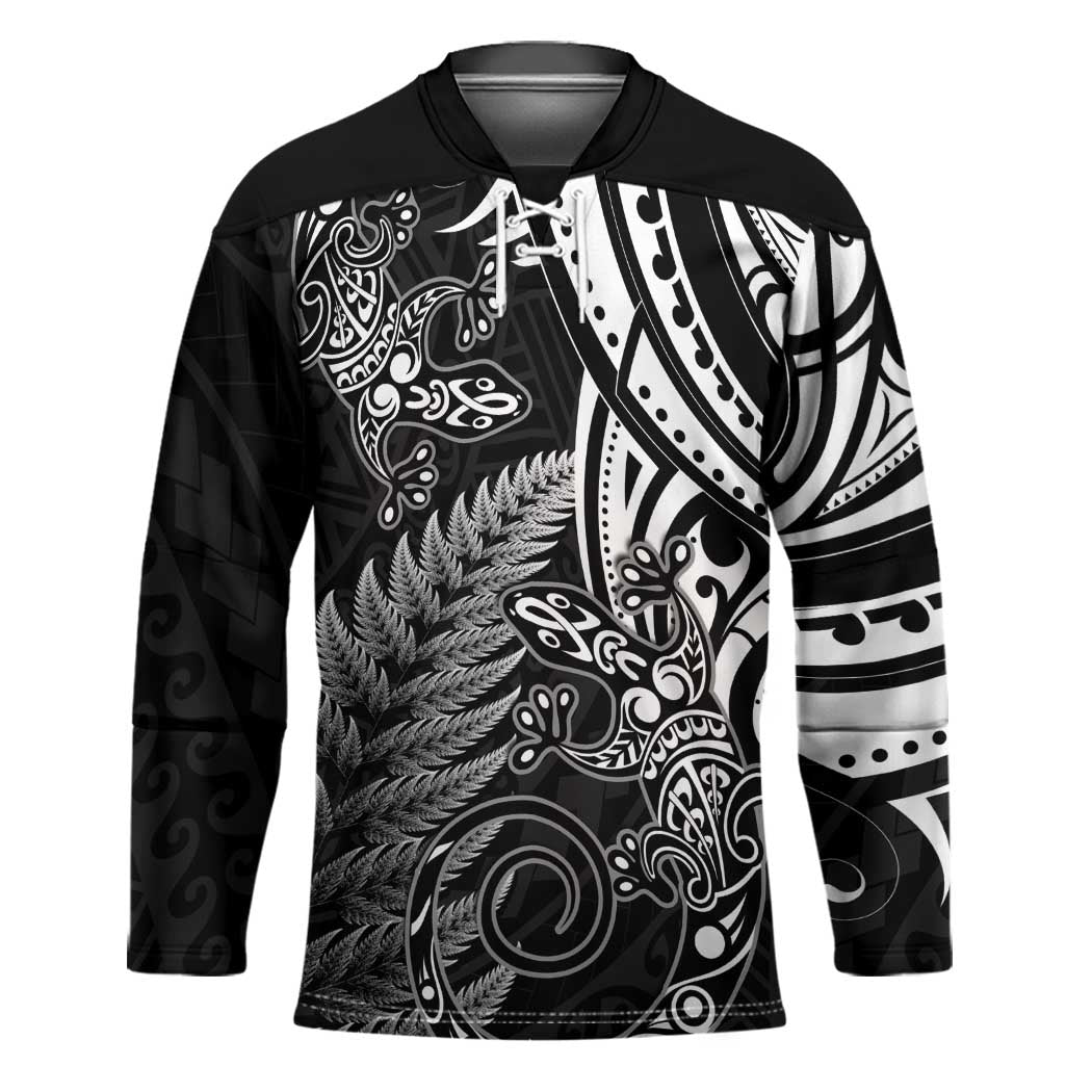 New Zealand Lizard Hockey Jersey Silver Fern Aotearoa Maori LT14 Unisex Black - Polynesian Pride