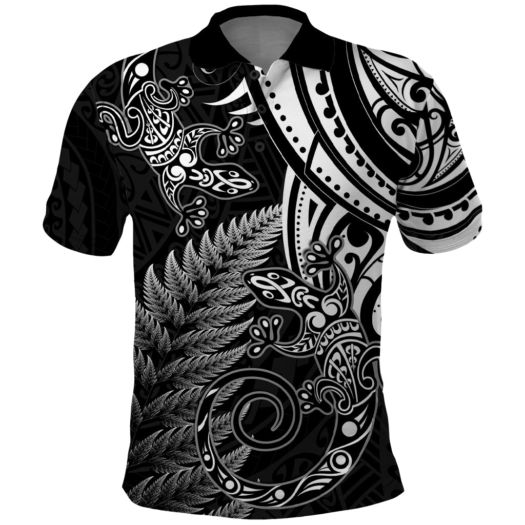 New Zealand Lizard Polo Shirt Silver Fern Aotearoa Maori LT14 Black - Polynesian Pride