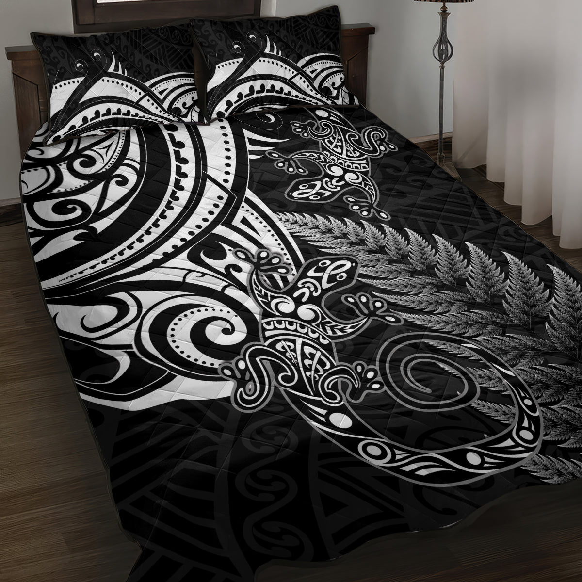 New Zealand Lizard Quilt Bed Set Silver Fern Aotearoa Maori LT14 Black - Polynesian Pride