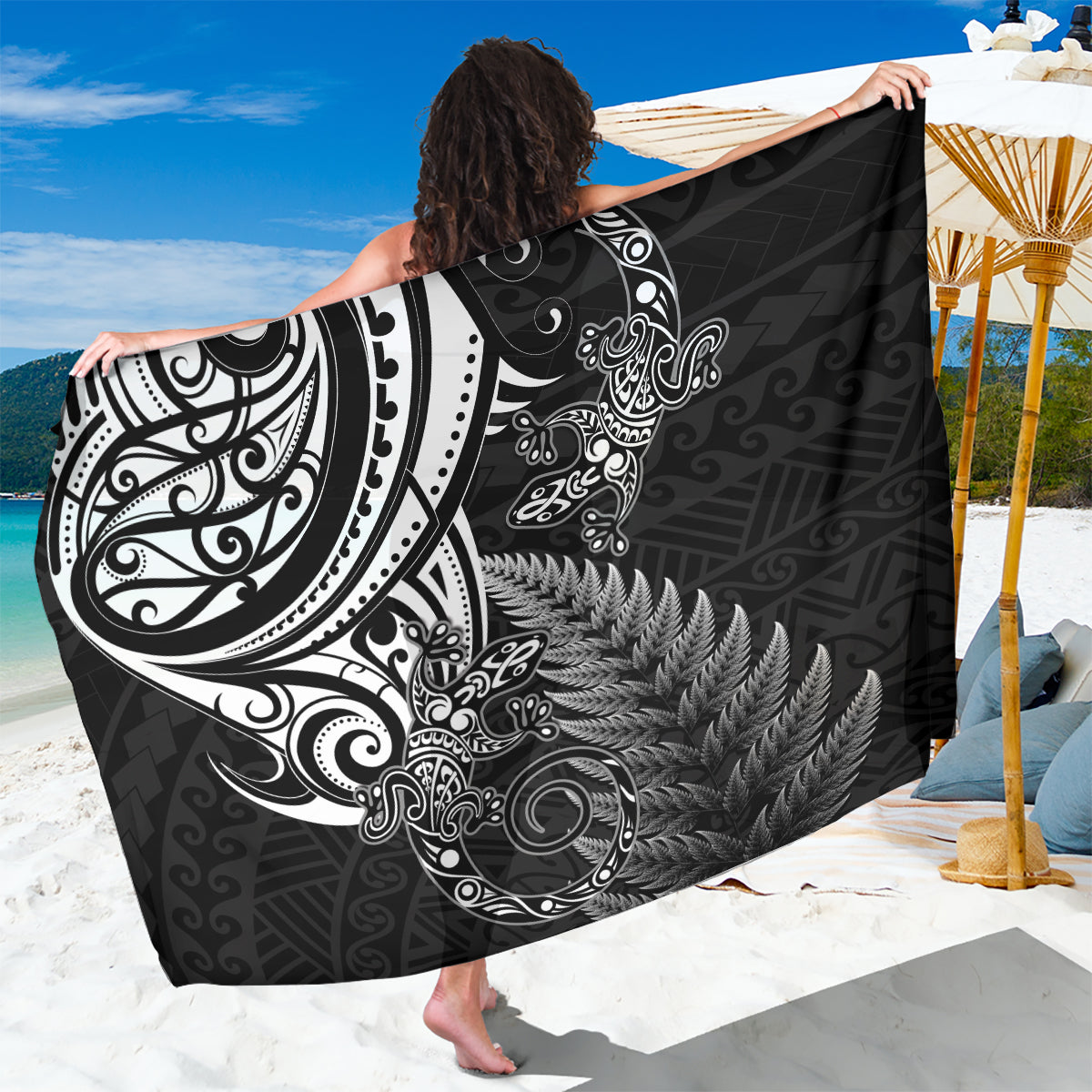 New Zealand Lizard Sarong Silver Fern Aotearoa Maori LT14 One Size 44 x 66 inches Black - Polynesian Pride