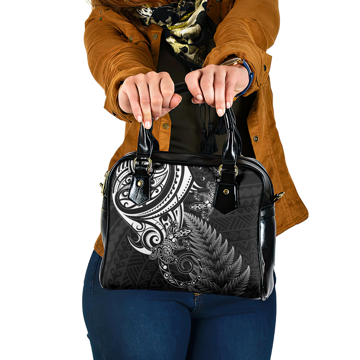 New Zealand Lizard Shoulder Handbag Silver Fern Aotearoa Maori LT14 One Size Black - Polynesian Pride