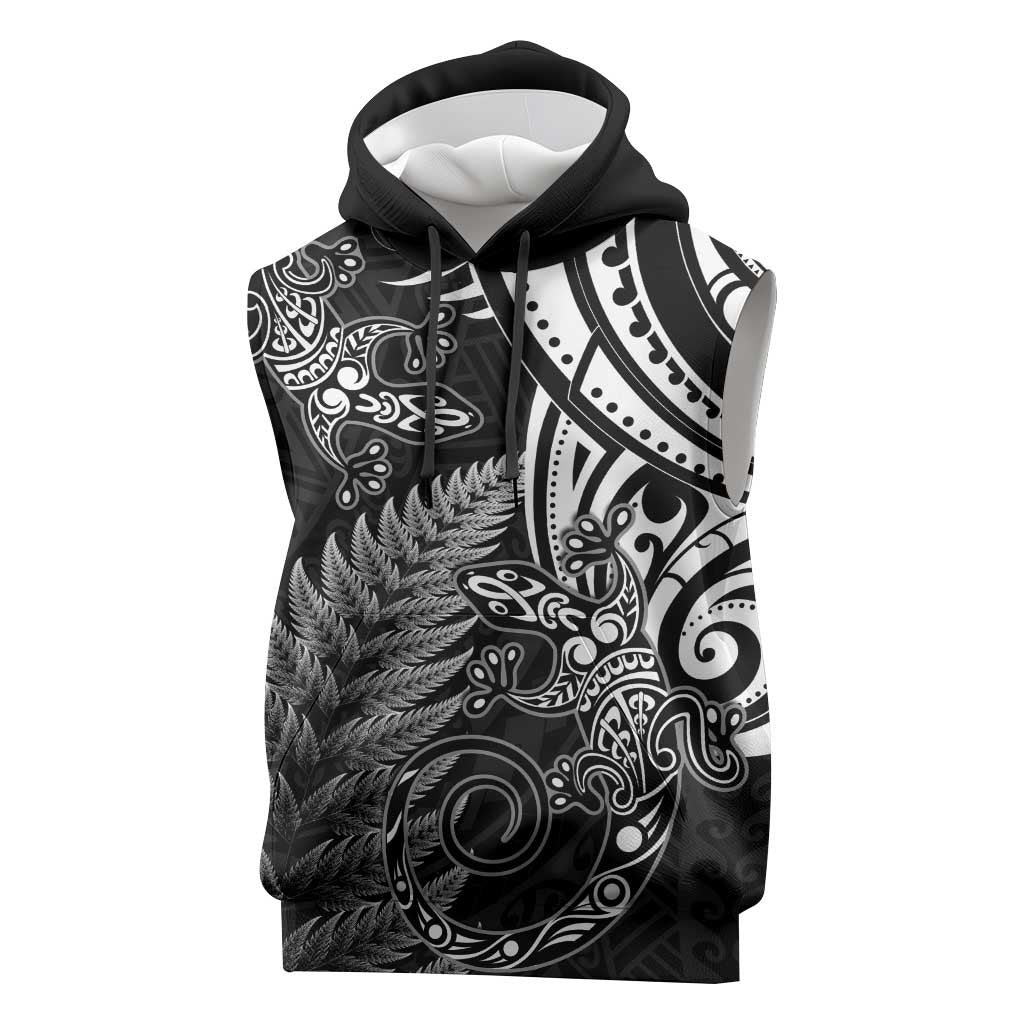 New Zealand Lizard Sleeveless Hoodie Silver Fern Aotearoa Maori LT14 Black - Polynesian Pride