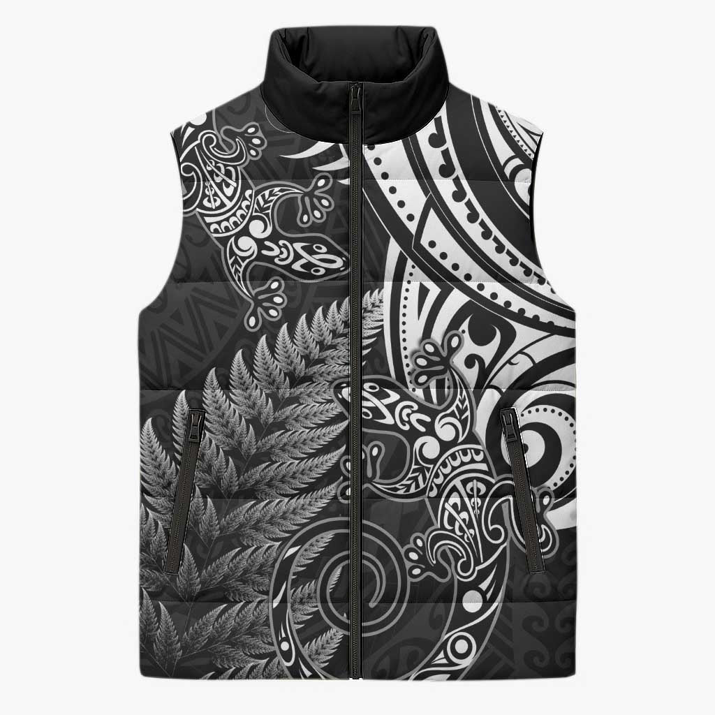 New Zealand Lizard Sleeveless Puffer Jacket Silver Fern Aotearoa Maori LT14 Unisex Black - Polynesian Pride