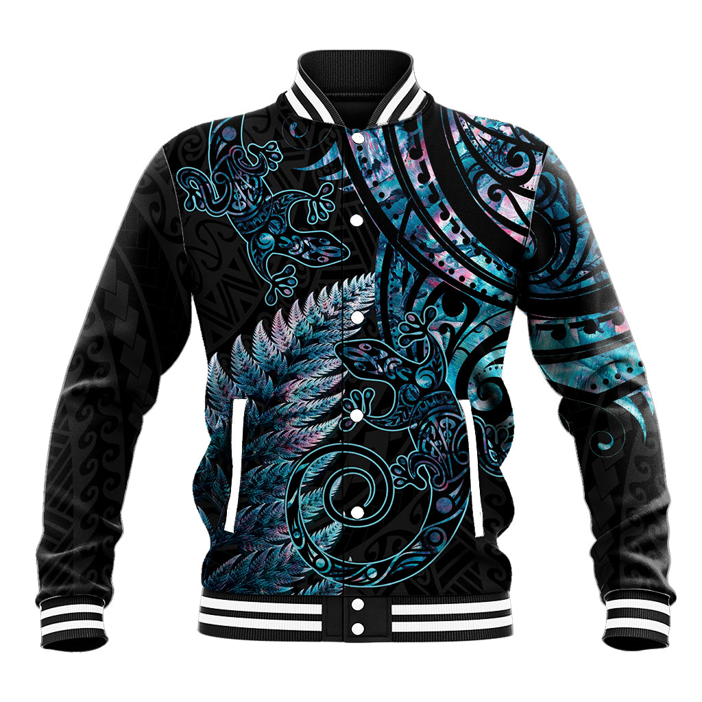 New Zealand Lizard Baseball Jacket Silver Fern Aotearoa Maori With Paua Shell LT14 Unisex Turquoise - Polynesian Pride