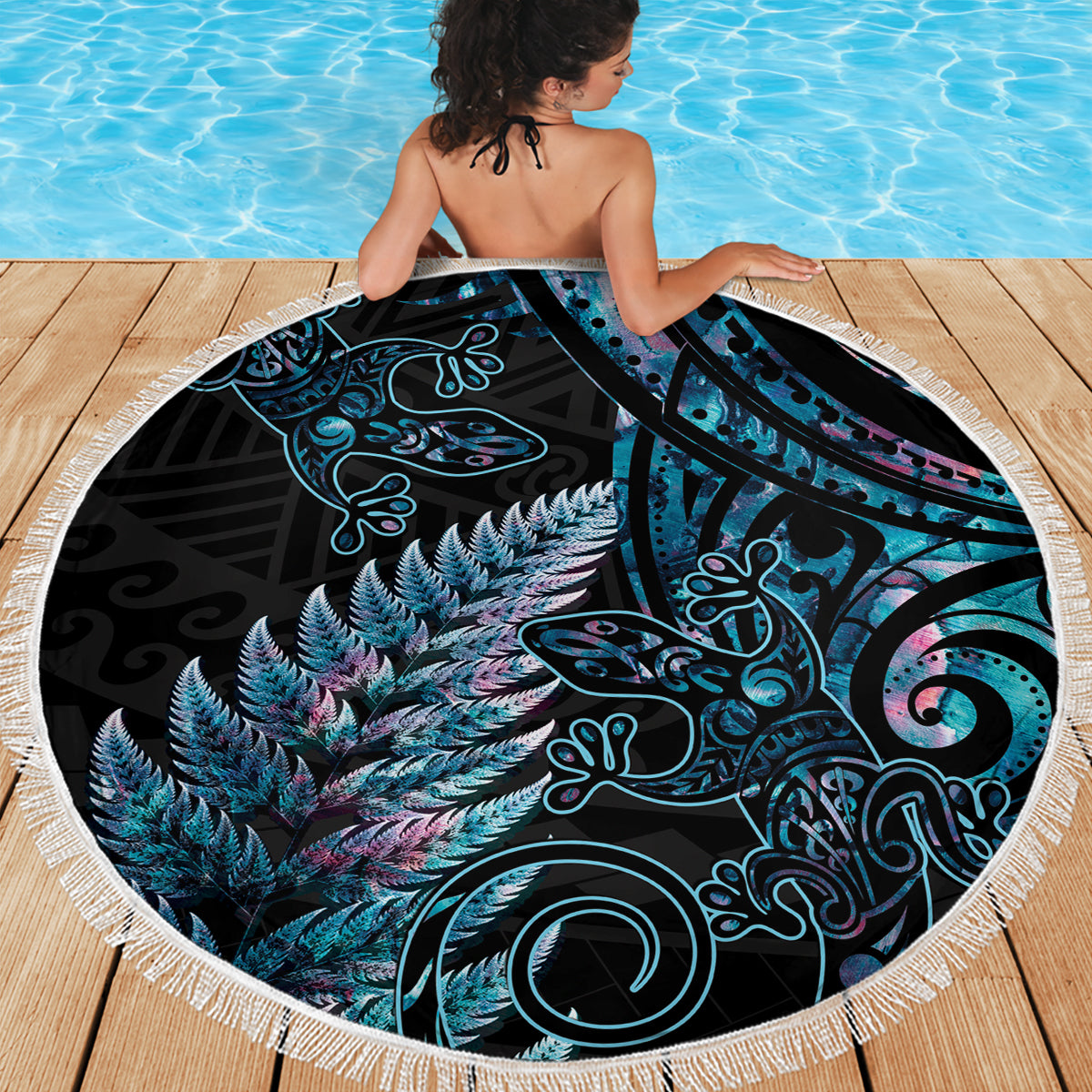 New Zealand Lizard Beach Blanket Silver Fern Aotearoa Maori With Paua Shell LT14 - Polynesian Pride