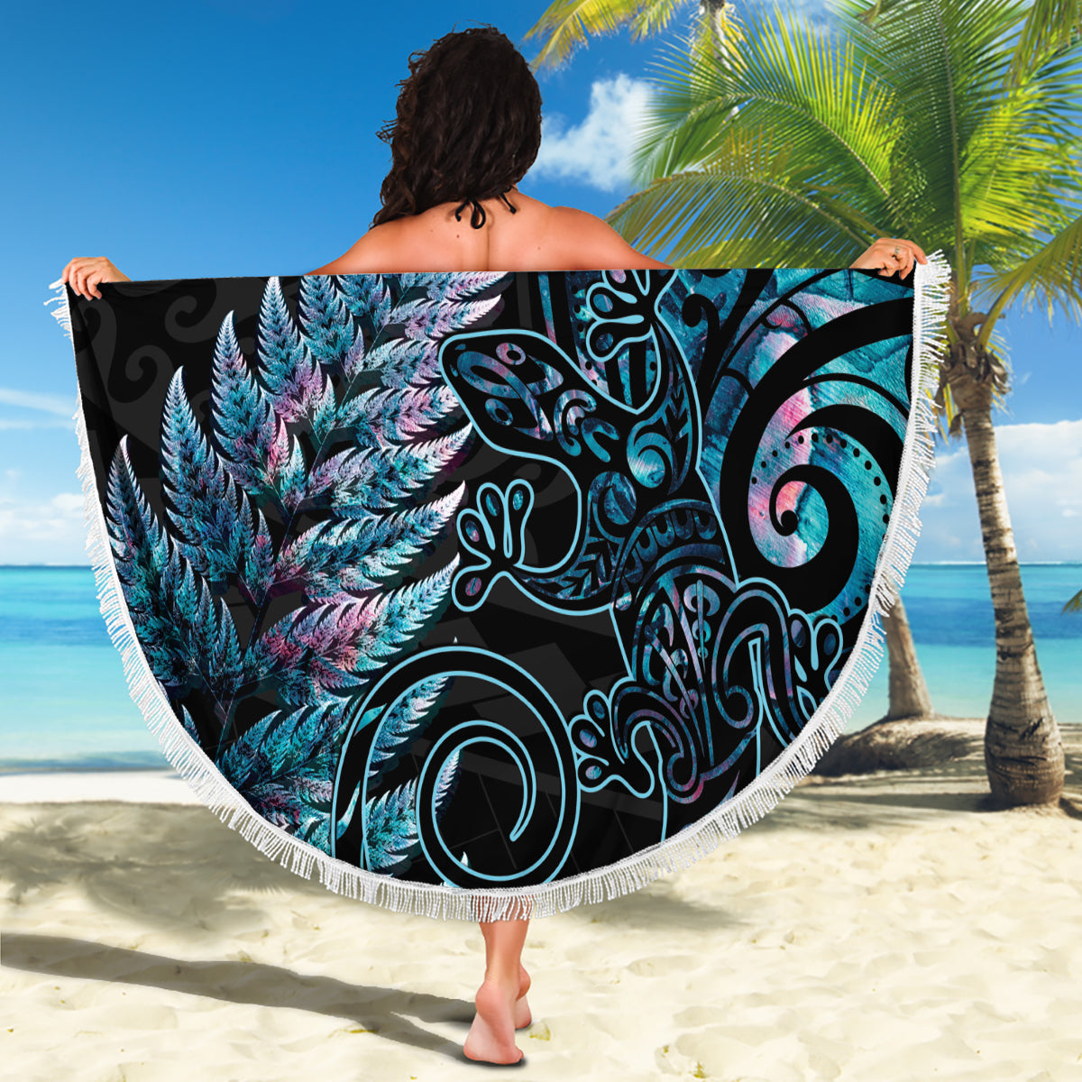 New Zealand Lizard Beach Blanket Silver Fern Aotearoa Maori With Paua Shell LT14 - Polynesian Pride