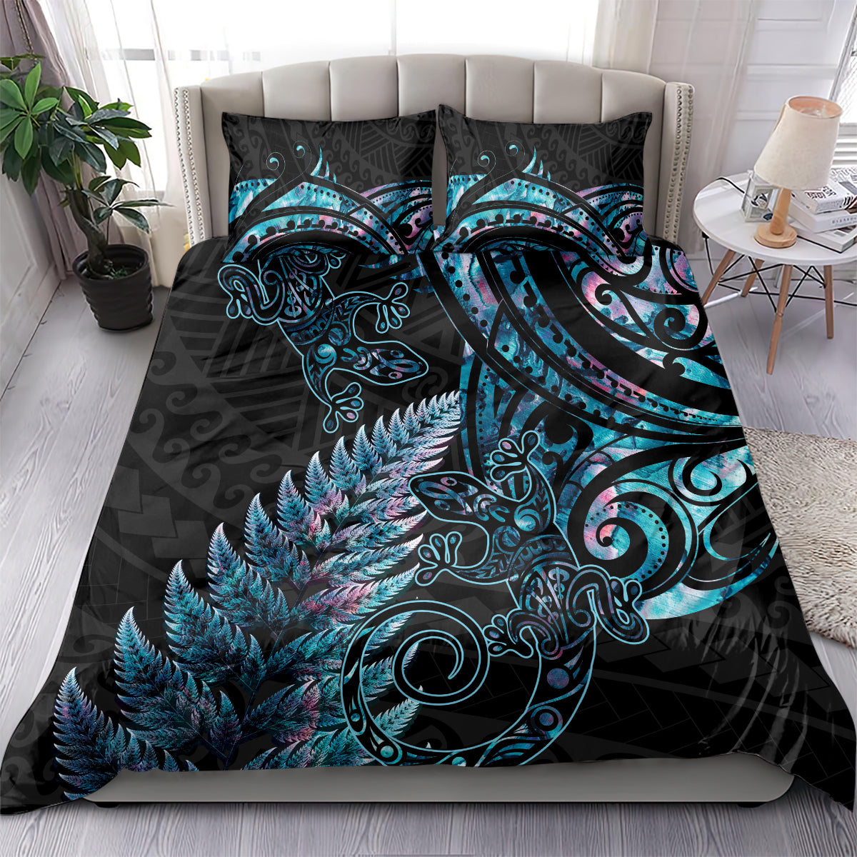 New Zealand Lizard Bedding Set Silver Fern Aotearoa Maori With Paua Shell LT14 - Polynesian Pride