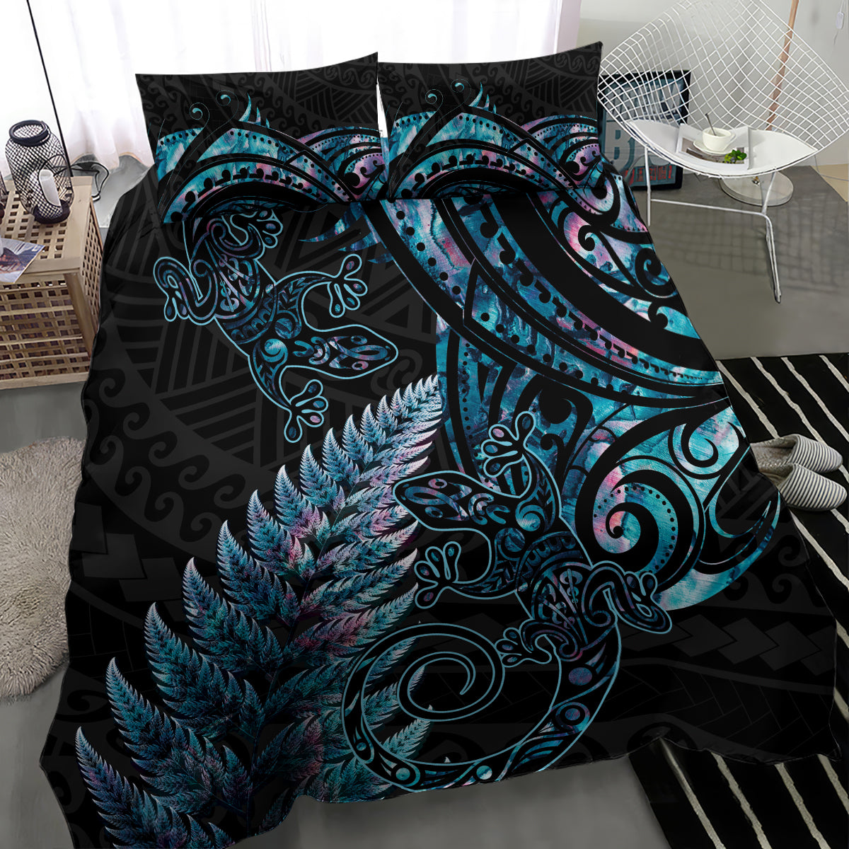 New Zealand Lizard Bedding Set Silver Fern Aotearoa Maori With Paua Shell LT14 - Polynesian Pride