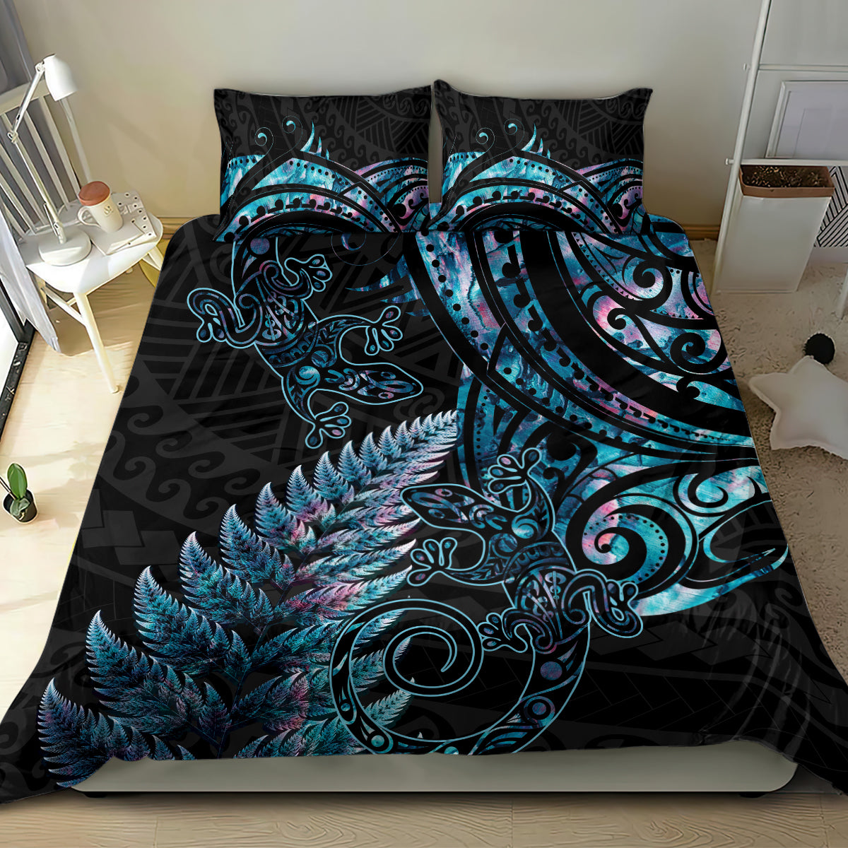 New Zealand Lizard Bedding Set Silver Fern Aotearoa Maori With Paua Shell LT14 - Polynesian Pride