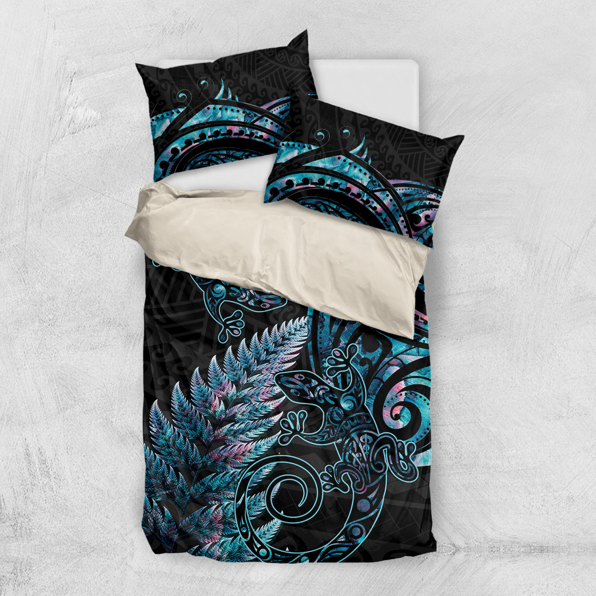 New Zealand Lizard Bedding Set Silver Fern Aotearoa Maori With Paua Shell LT14 US Twin 172cm x 218cm Turquoise - Polynesian Pride