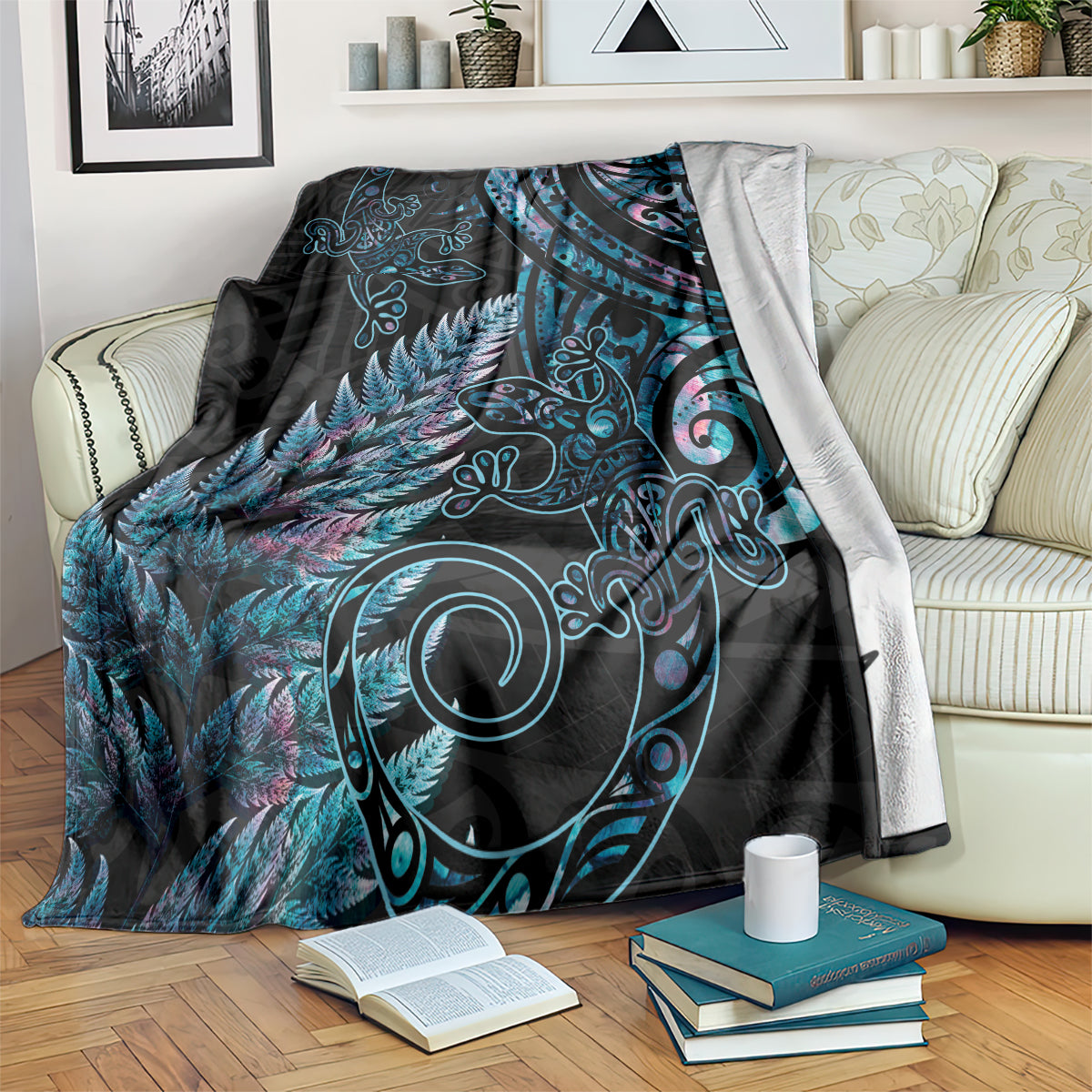 New Zealand Lizard Blanket Silver Fern Aotearoa Maori With Paua Shell LT14 Turquoise - Polynesian Pride
