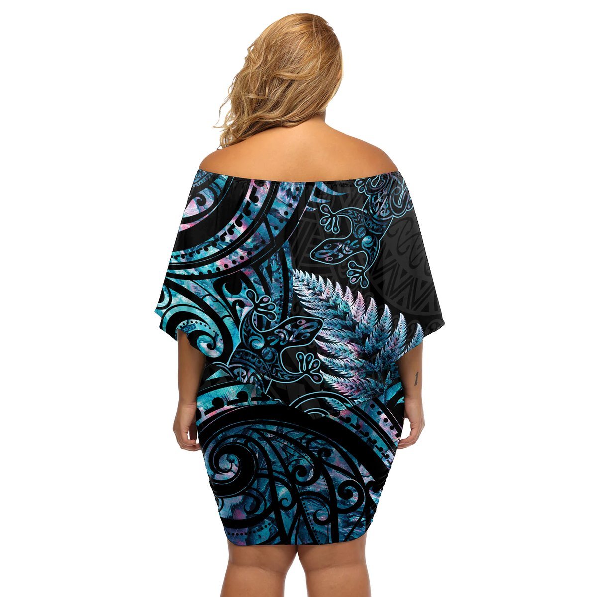 New Zealand Lizard Off Shoulder Short Dress Silver Fern Aotearoa Maori With Paua Shell LT14 - Polynesian Pride